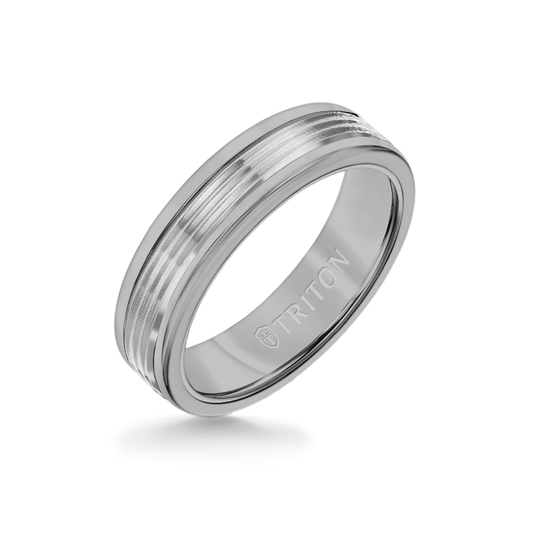 6MM Grey Tungsten Carbide Ring - Serrated Engraved 14K White Gold Insert with Round Edge