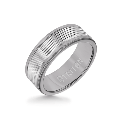 8MM Grey Tungsten Carbide Ring - Serrated Engraved 14K White Insert with Round Edge