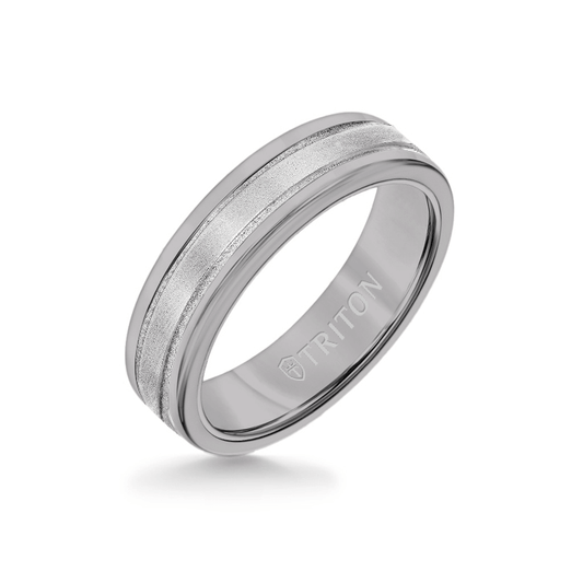 6MM Grey Tungsten Carbide Ring - Step Edge 14K White Gold Insert with Round Edge