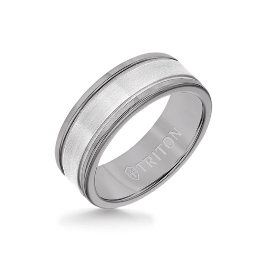 8MM Grey Tungsten Carbide Ring - Step Edge 14K White Gold Insert with Round Edge