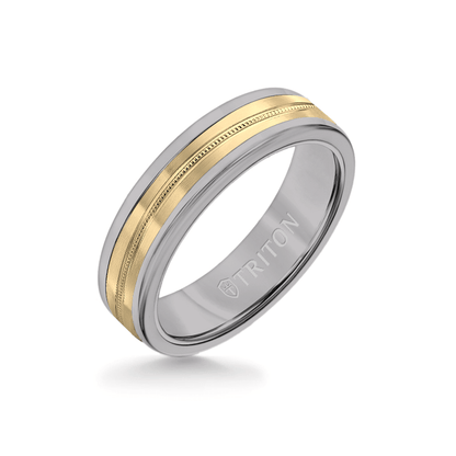 6MM Grey Tungsten Carbide Ring - Center Milgrain 14K Yellow Gold Insert with Round Edge