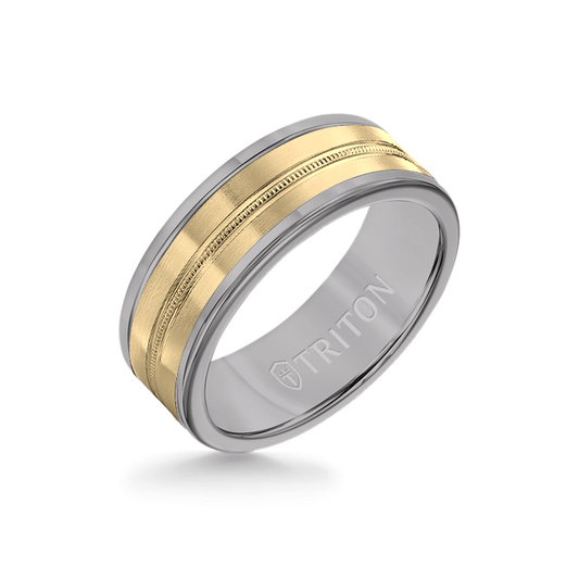 8MM Grey Tungsten Carbide Ring - Center Milgrain 14K Yellow Gold Insert with Round Edge