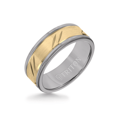 8MM Grey Tungsten Carbide Ring - Bevel Diagonal Cut 14K Yellow Gold Insert with Round Edge
