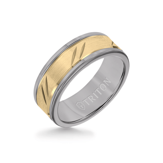 8MM Grey Tungsten Carbide Ring - Bevel Diagonal Cut 14K Yellow Gold Insert with Round Edge