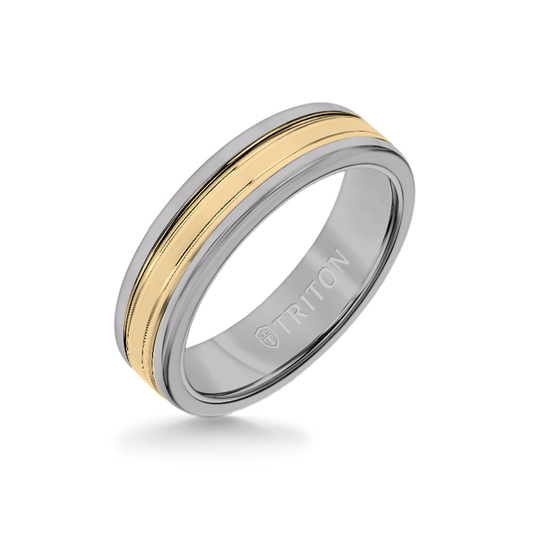 6MM Grey Tungsten Carbide Ring - Double Engraved 14K Yellow Gold Insert with Round Edge