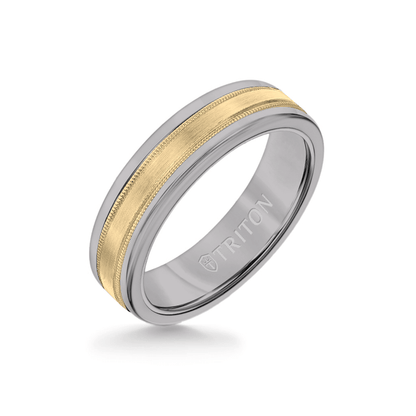 6MM Grey Tungsten Carbide Ring - Flat Milgrain 14K Yellow Gold Insert with Round Edge