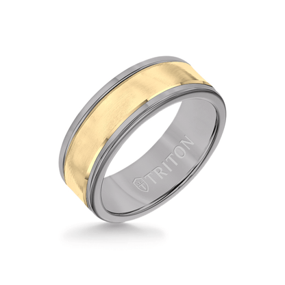 8MM Grey Tungsten Carbide Ring - Linear 14K Yellow Gold Insert with Round Edge