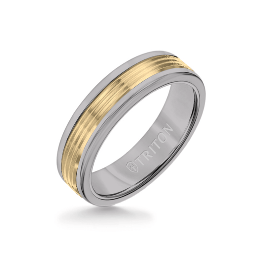 6MM Grey Tungsten Carbide Ring - Serrated Engraved 14K Yellow Gold Insert with Round Edge