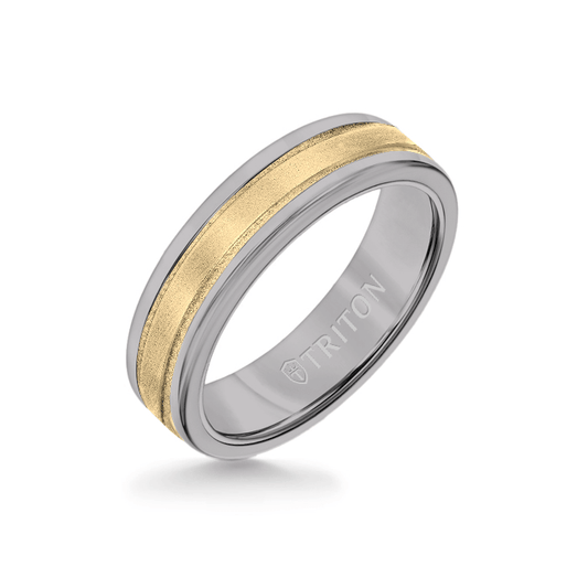 6MM Grey Tungsten Carbide Ring - Step Edge 14K Yellow Gold Insert with Round Edge