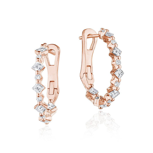 Carré and Round Small Diamond Hoop Earrings in 18kt Rose Gold