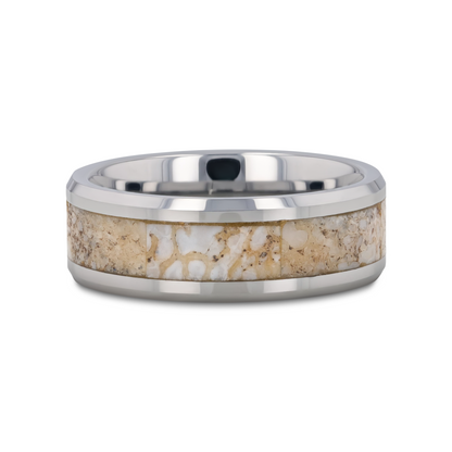 MESOZOIC Men's Tungsten Flat Beveled Wedding Ring with White Dinosaur Bone Inlay - 4mm or 8mm