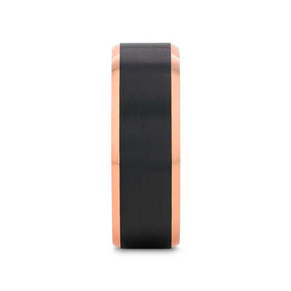 HAYDEN Rose Gold Plated Tungsten Polished Beveled Ring with Brushed Black Center - 6mm & 8mm