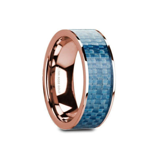 GANESH Flat 14K Rose Gold Ring with Blue Carbon Fiber Inlay and Polished Edges - 8mm