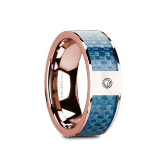 GARTH Flat 14K Rose Gold Ring with Blue Carbon Fiber Inlay & White Diamond Setting - 8mm