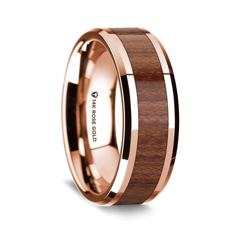 14K Rose Gold Polished Beveled Edges Wedding Ring with Rosewood Inlay - 8 mm