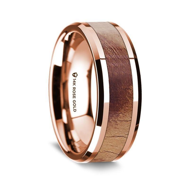 14K Rose Gold Polished Beveled Edges Men's Wedding Band with Olive Wood Inlay - 8 mm - Thorsten Rings