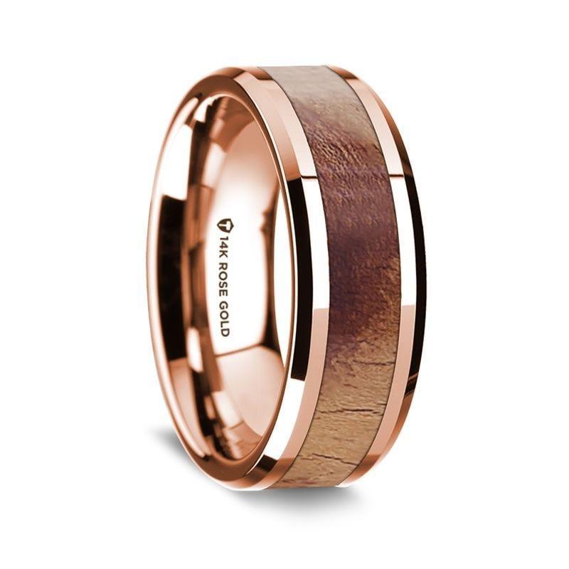 14K Rose Gold Polished Beveled Edges Men's Wedding Band with Olive Wood Inlay - 8 mm