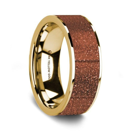Flat Polished 14K Yellow Gold Men's Wedding Ring with Orange Goldstone Inlay - 8 mm - Thorsten Rings