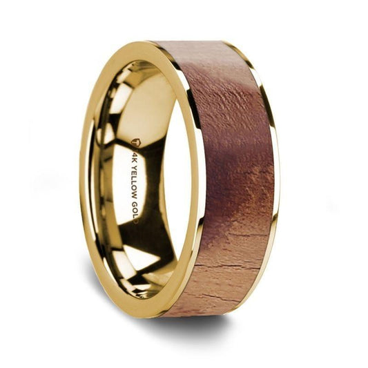 Flat Polished 14K Yellow Gold Men's Wedding Band with Olive Wood Inlay - 8 mm - Thorsten Rings