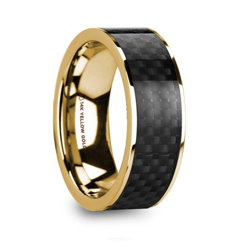 BARUCH Polished 14k Yellow Gold Men's Wedding Ring with Black Carbon Fiber Inlay - 8mm - Thorsten Rings