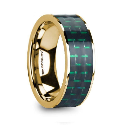 HALI Black & Green Carbon Fiber Inlaid 14k Yellow Gold Men's Wedding Ring with Polished Finish - 8mm - Thorsten Rings