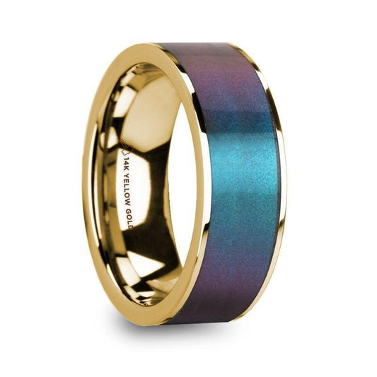 EUGEN Blue/Purple Color Changing Inlaid 14k Yellow Gold Men's Polished Wedding Ring - 8mm - Thorsten Rings