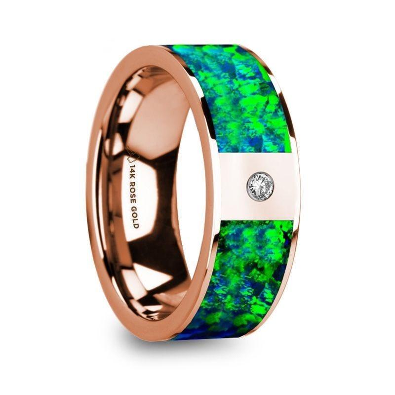 HERAKLEES Men's Polished 14k Rose Gold & Green/Blue Opal Inlay Wedding Ring with Diamond - 8mm - Thorsten Rings