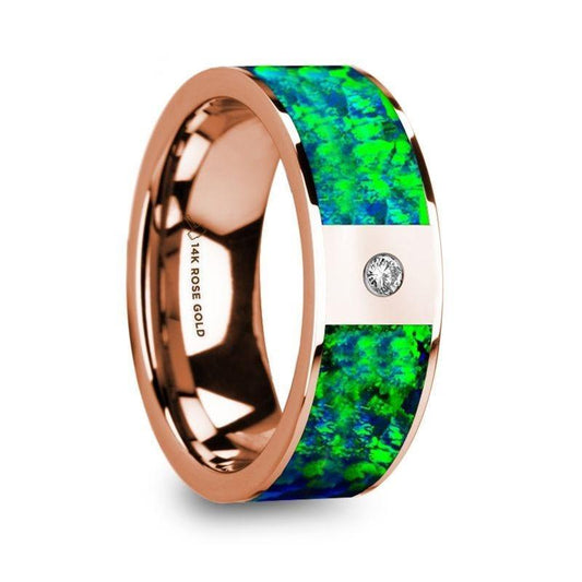 HERAKLEES Men's Polished 14k Rose Gold & Green/Blue Opal Inlay Wedding Ring with Diamond - 8mm - Thorsten Rings