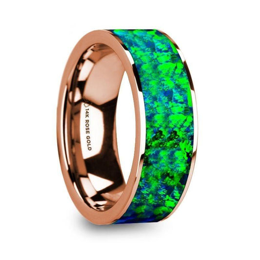 HESPEROS Men's 14K Rose Gold & Green/Blue Opal Inlaid Flat Wedding Band - 8mm - Thorsten Rings