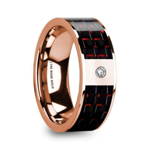 KLEMENIS Men's 14k Rose Gold Flat Wedding Ring with Red & Black Carbon Fiber Inlay & Diamond - 8mm - Thorsten Rings