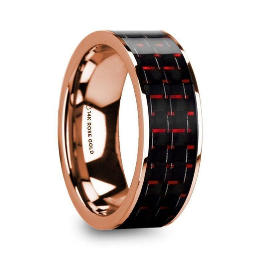 KRISTOS Men's 14k Rose Gold Flat Wedding Band with Black & Red Carbon Fiber - 8mm - Thorsten Rings
