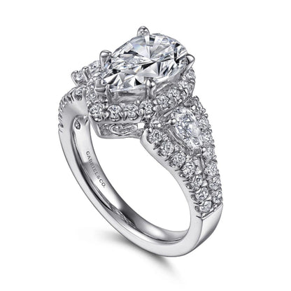 Gabriel & Co. Pear Cut Three Stone Halo Diamond Engagement Ring