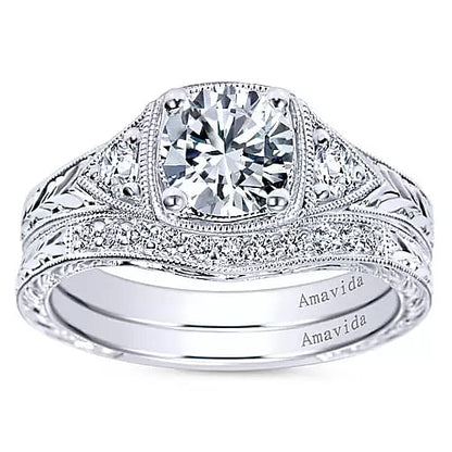 Gabriel & Co. Tallulah Three Stone Milgrain Halo Diamond Engagement Ring