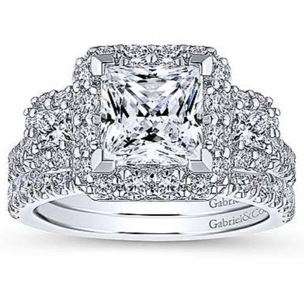 Gabriel Gibson Three Stone Princess Cut Halo Diamond Engagement Ring