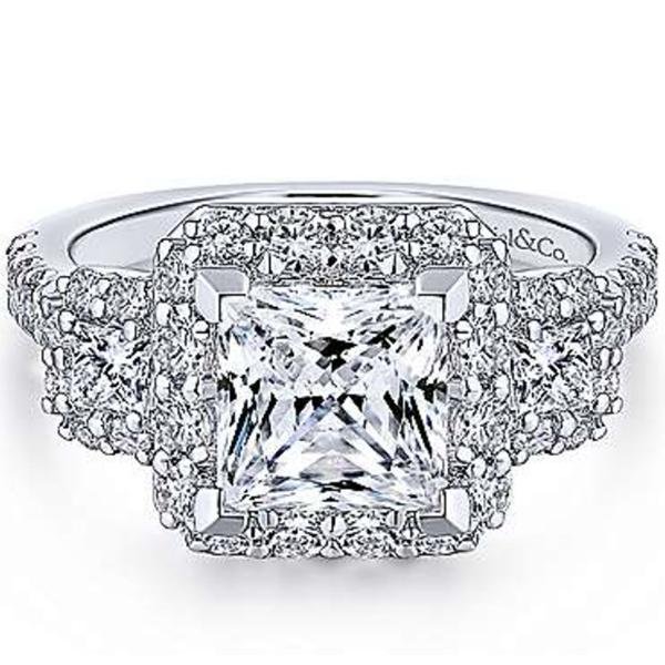 Gabriel Gibson Three Stone Princess Cut Halo Diamond Engagement Ring