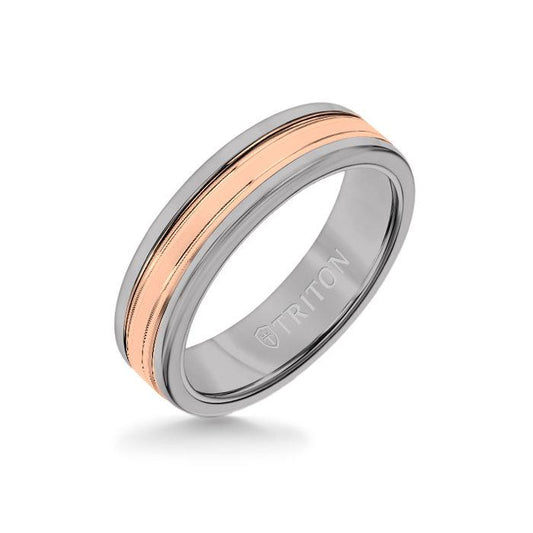 6MM Grey Tungsten Carbide Ring - Double Engraved 14K Rose Gold Insert with Round Edge