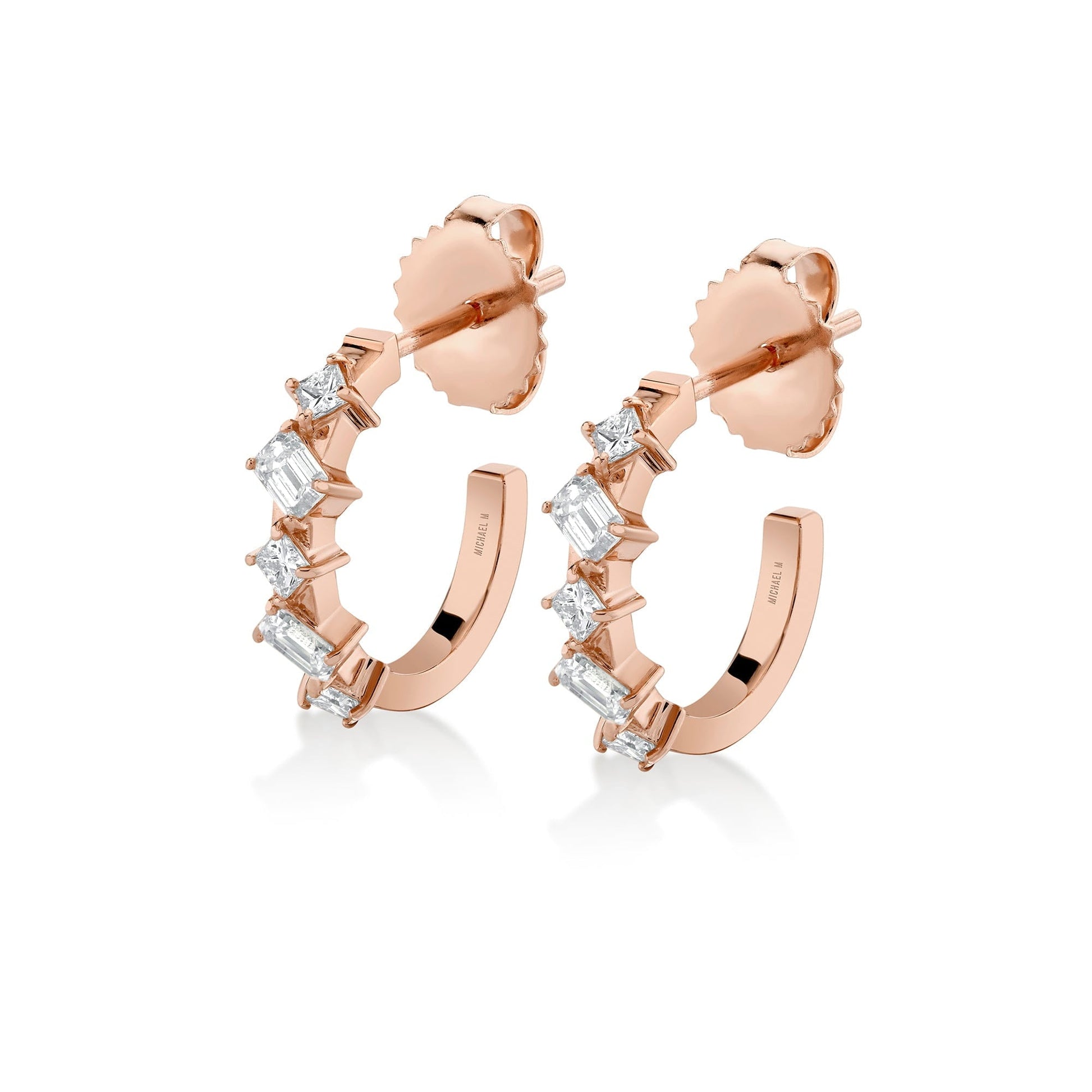 MICHAEL M Fashion Earrings 18K Rose Gold Montage Emerald and Princess Cut Diamond Hoops ER625