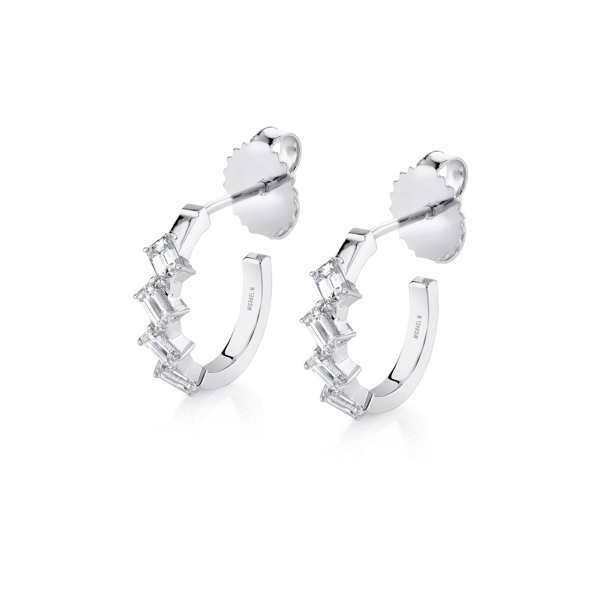 MICHAEL M Fashion Earrings 18K White Gold Montage Emerald Cut Diamond Hoops ER626