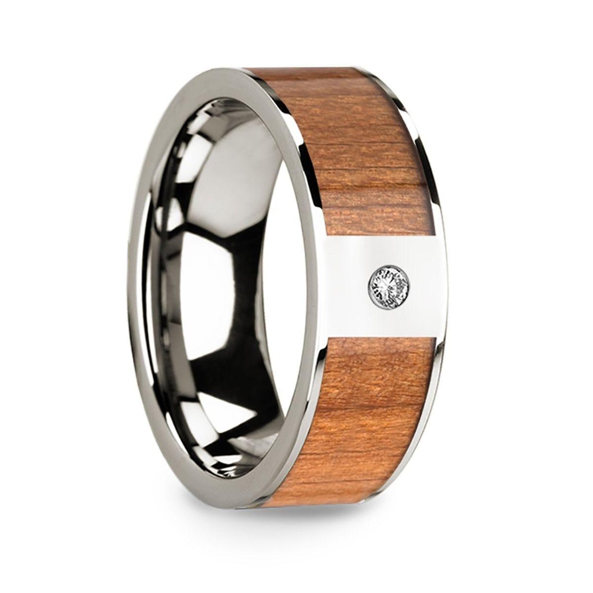 Sapele Wood Inlaid Polished 14k White Gold Men's Wedding Ring with Diamond Center - 8mm - Thorsten Rings