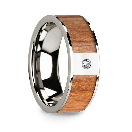 Sapele Wood Inlaid Polished 14k White Gold Men���s Wedding Ring with Diamond Center - 8mm