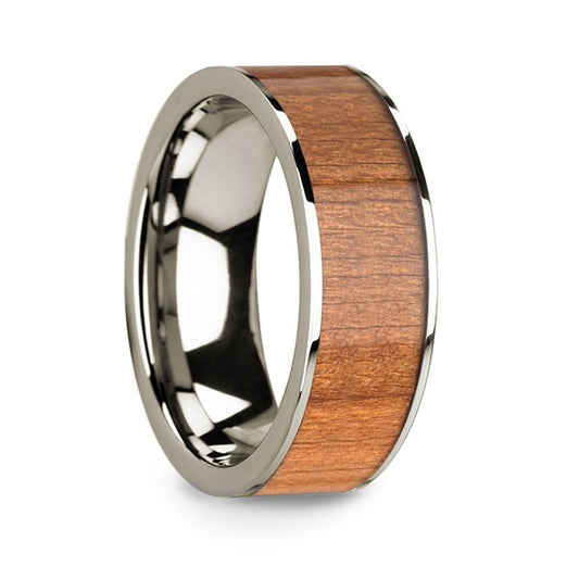 Men���s 14k White Gold Wedding Band with Sapele Wood Inlay & Polished Finish - 8mm