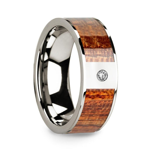 Men���s Polished 14k White Gold Wedding Band with Mahogany Wood Inlay & Diamond - 8mm