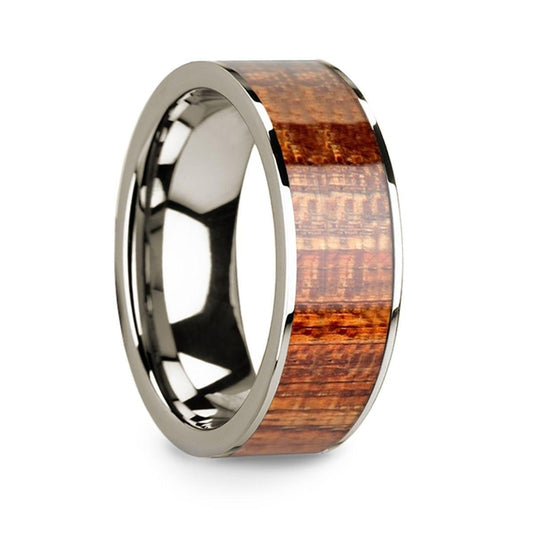 14k White Gold & Mahogany Wood Inlaid Men���s Wedding Band with Polished Finish - 8mm