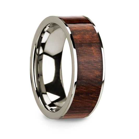 Polished 14k White Gold Men���s Wedding Ring with Carpathian Wood Inlay - 8mm