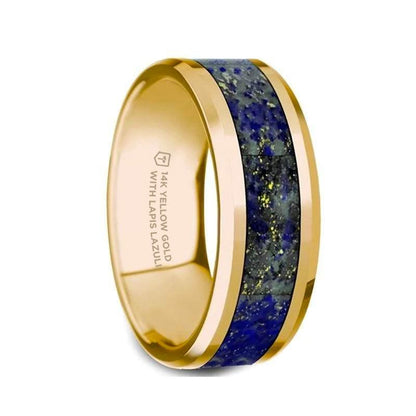 LAZARUS 14k Yellow Gold Polished Beveled Edges Men's Wedding Ring with Blue Lapis Lazuli Inlay - 8mm