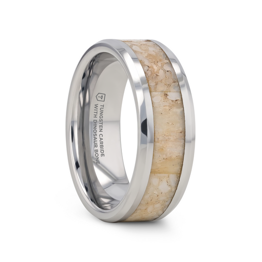 MESOZOIC Men's Tungsten Flat Beveled Wedding Ring with White Dinosaur Bone Inlay - 4mm or 8mm