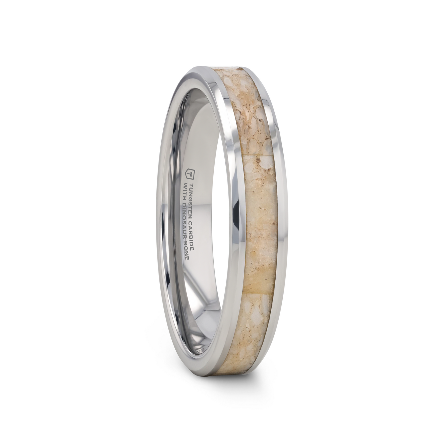 MESOZOIC Men's Tungsten Flat Beveled Wedding Ring with White Dinosaur Bone Inlay - 4mm