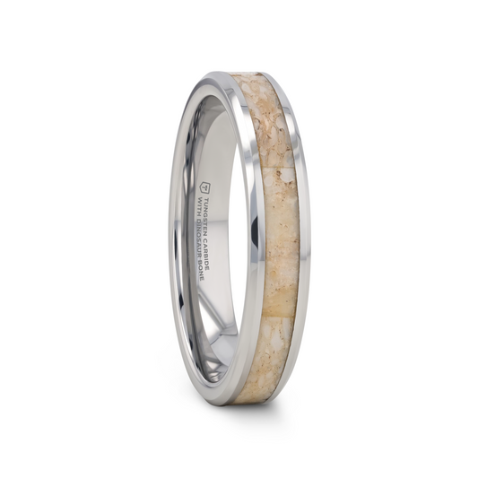 MESOZOIC Men's Tungsten Flat Beveled Wedding Ring with White Dinosaur Bone Inlay - 4mm