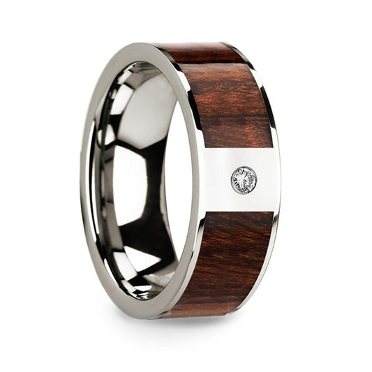 Men���s Diamond Center Polished 14k White Gold Wedding Band with Carpathian Wood Inlay - 8mm