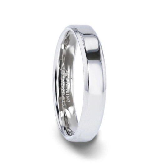 LUCY Silver Polished Finish Flat Center Women's Wedding Band With Beveled Edges - 4mm - Thorsten Rings